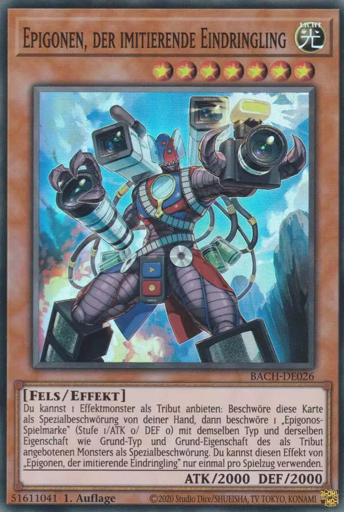 Epigonen, der imitierende Eindringling BACH-DE026 ist in Super Rare Yu-Gi-Oh Karte aus Battle of Chaos 1.Auflage