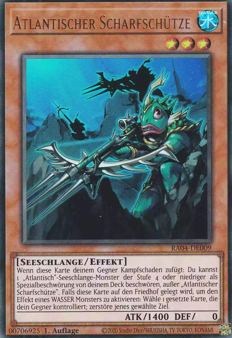 Atlantischer Scharfschütze Ultra Rare RA04-DE009 Yugioh Karte Atlantischer Scharfschütze RA04-DE009 ist in Ultra Rare Yu-Gi-Oh Karte aus Quarter Century Stampede 1.Auflage