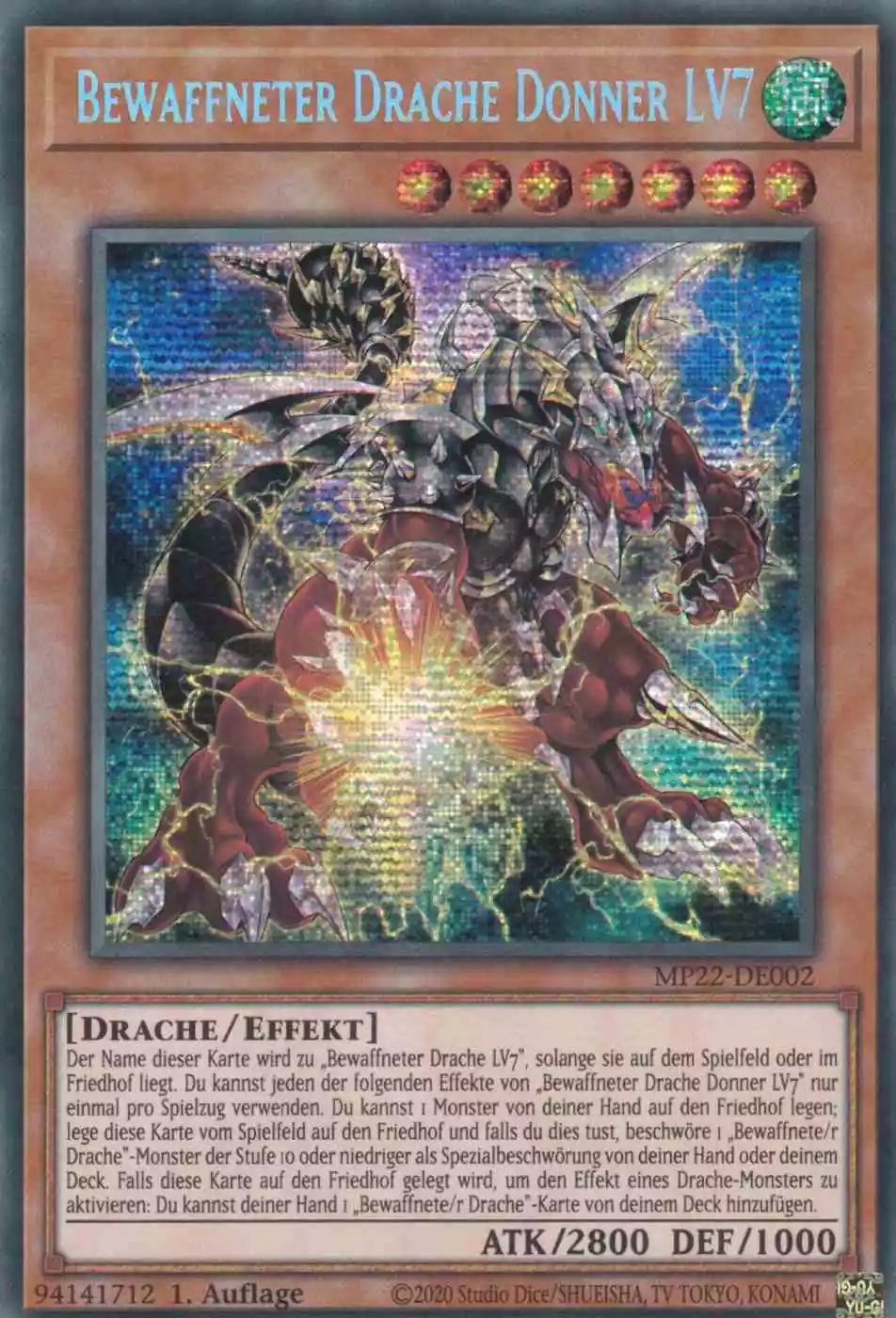 Bewaffneter Drache Donner LV7 MP22-DE002 ist in Prismatic Secret Rare Yu-Gi-Oh Karte aus Tin of the Pharaoh’s Gods 1.Auflage