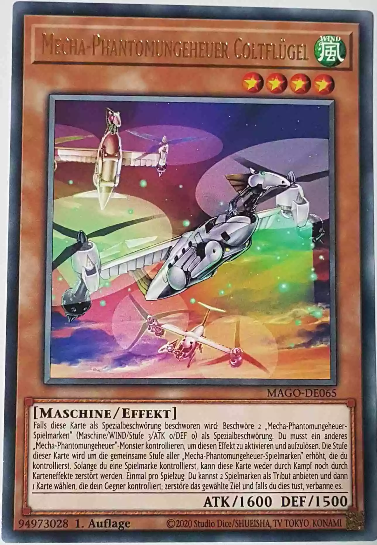 Mecha-Phantomungeheuer Coltflügel MAGO-DE065 ist in Gold Rare Yu-Gi-Oh Karte aus Maximum Gold 1. Auflage