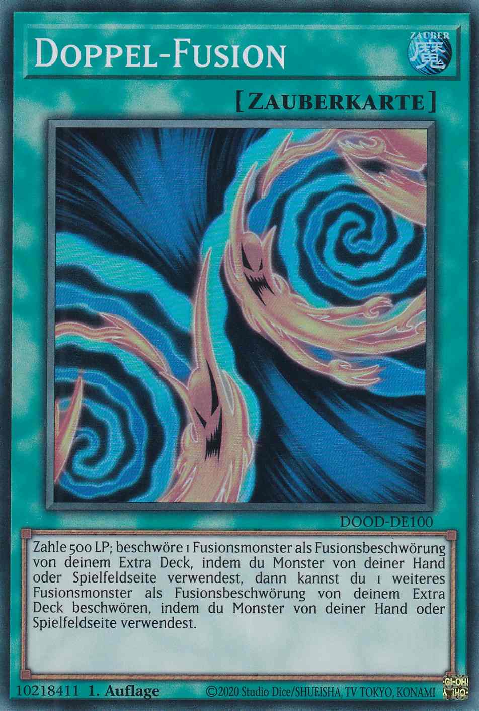 Doppel-Fusion DOOD-DE100 ist in Super Rare Yu-Gi-Oh Karte aus Doom of Dimensions 1.Auflage