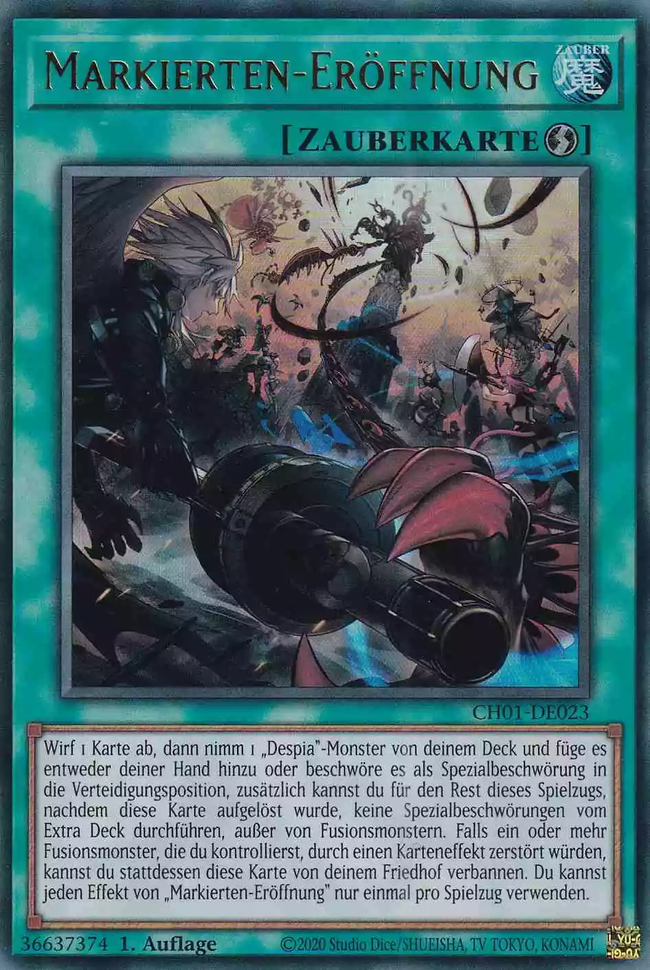 Markierten-Eröffnung Ultra Rare CH01-DE023 Yugioh Karte Markierten-Eröffnung CH01-DE023 ist in Ultra Rare Yu-Gi-Oh Karte aus THE CHRONICLES DECK: The Fallen & The Virtuous 1.Auflage
