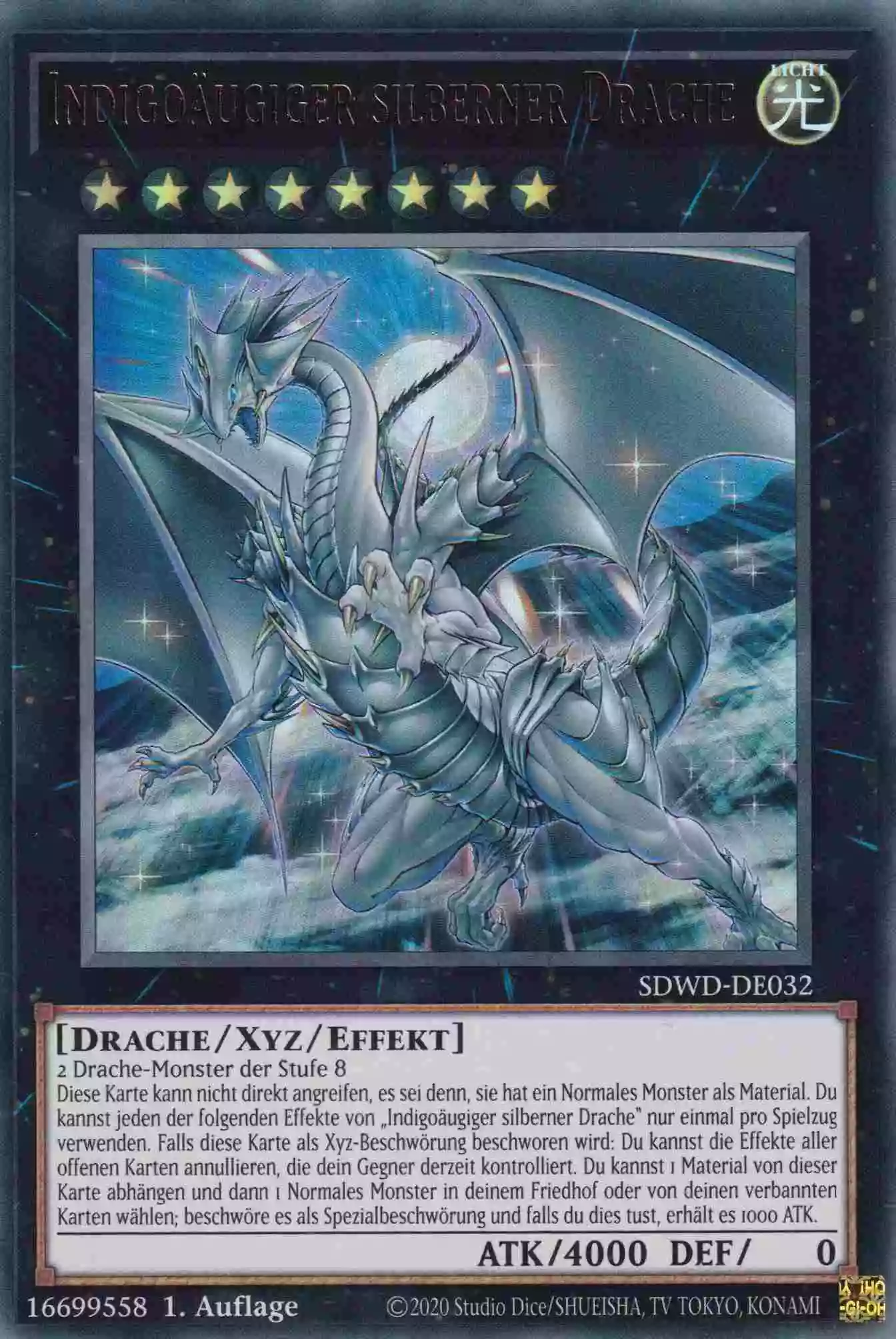 Indigoäugiger silberner Drache SDWD-DE032 ist in Ultra Rare Yu-Gi-Oh Karte aus Blue-Eyes White Destiny 1.Auflage