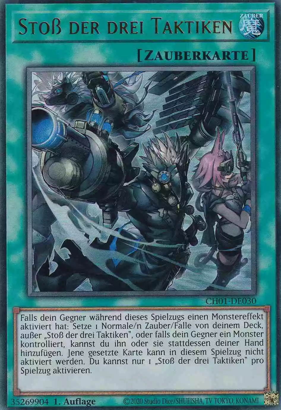 Stoß der drei Taktiken Ultra Rare CH01-DE030 Yugioh Karte Stoß der drei Taktiken CH01-DE030 ist in Ultra Rare Yu-Gi-Oh Karte aus THE CHRONICLES DECK: The Fallen & The Virtuous 1.Auflage