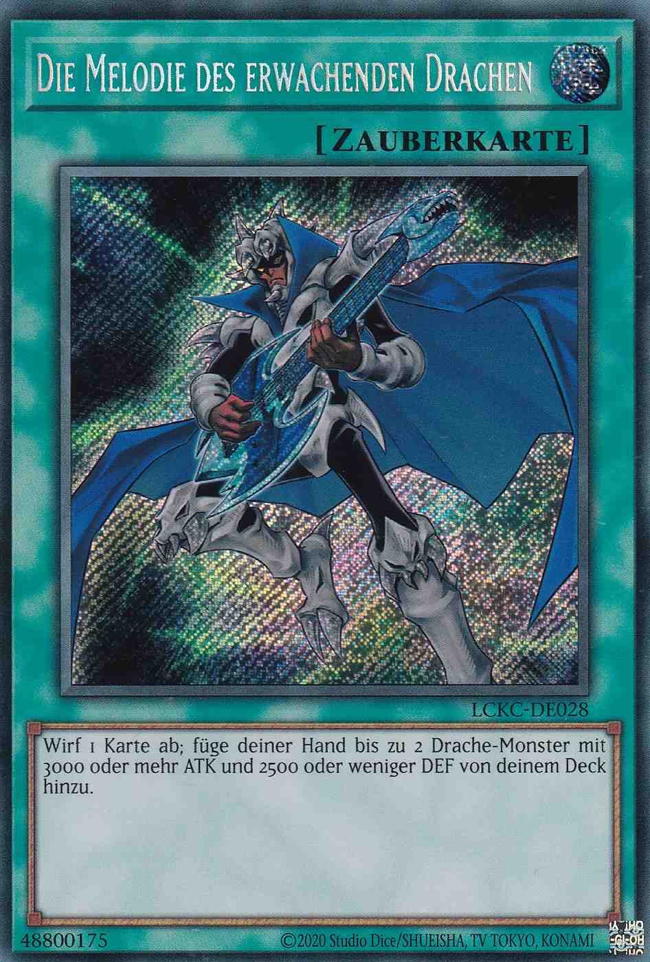 Die Melodie des erwachenden Drachen Secret Rare LCKC-DE028 Yugioh Karte Die Melodie des erwachenden Drachen LCKC-DE028 ist in Secret Rare Yu-Gi-Oh Karte aus Legendary Collection Kaiba unlimitiert