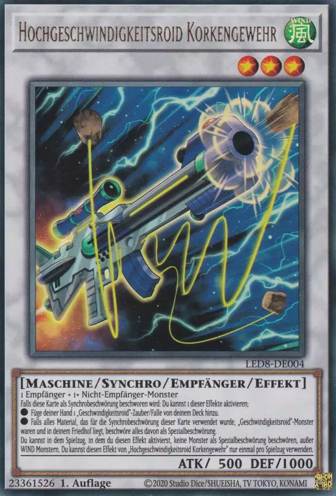 Hochgeschwindigkeitsroid Korkengewehr LED8-DE004 ist in Ultra Rare Yu-Gi-Oh Karte aus Legendary Duelists Synchro Storm 1.Auflage