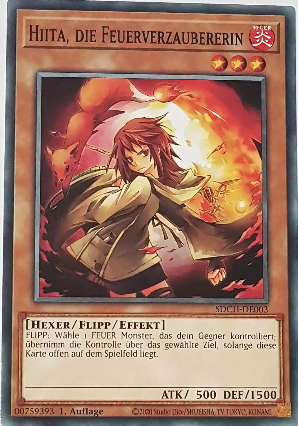 Hiita, die Feuerverzaubererin SDCH-DE003 ist in Common Yu-Gi-Oh Karte aus Spirit Charmers 1. Auflage