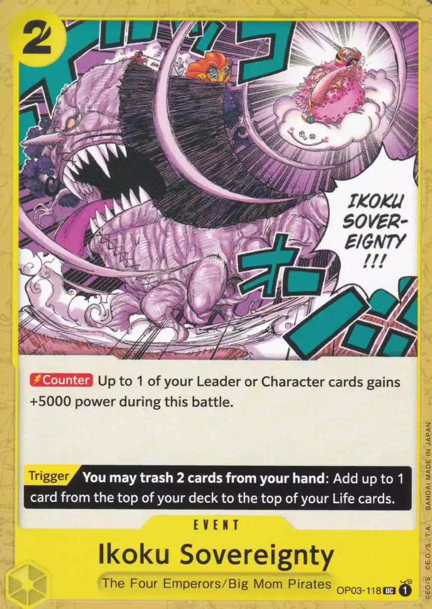 Ikoku Sovereignty OP03-118 ist in Uncommon. Die One Piece Karte ist aus Pillars of Strength OP-03 in Normal Art.