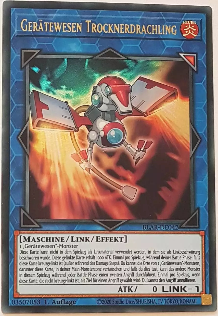 Gerätewesen Trocknerdrachling BLAR-DE042 ist in Ultra Rare Yu-Gi-Oh Karte aus Battles of Legend: Armageddon 1.Auflage