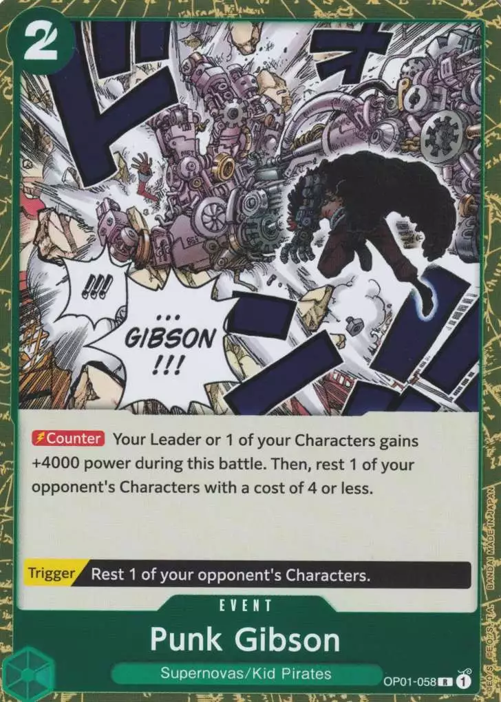 op01-058-punk-gibson-rare-romance-dawn Punk Gibson OP01-058 ist in Rare. Die One Piece Karte ist aus Romance Dawn in Normal Art.