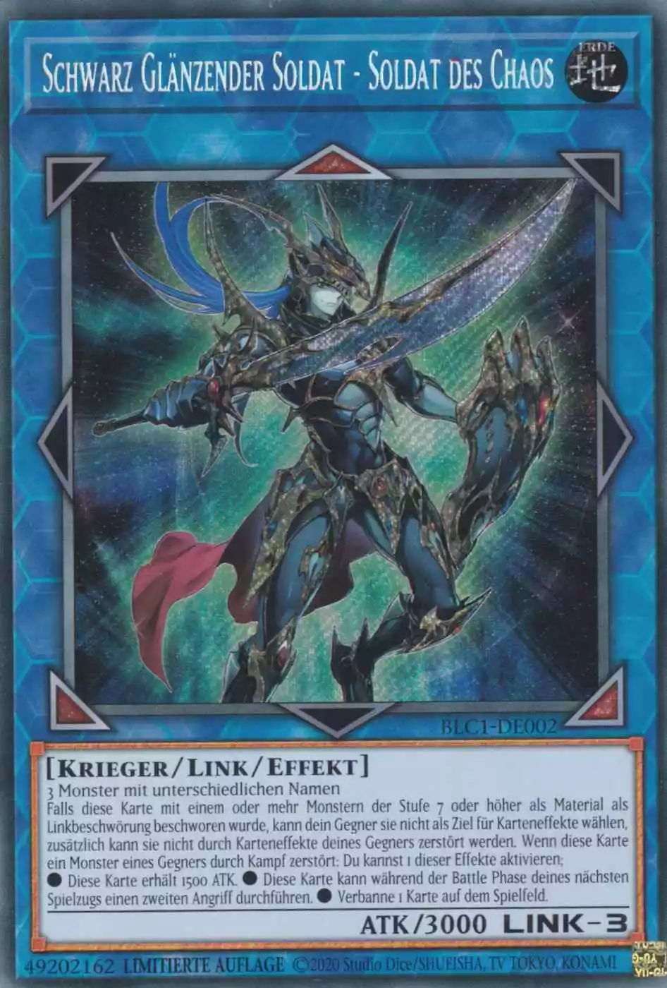 Schwarz Glänzender Soldat - Soldat des Chaos BLC1-DE002 ist in Secret Rare Yu-Gi-Oh Karte aus Battles of Legend Chapter 1 1.Auflage