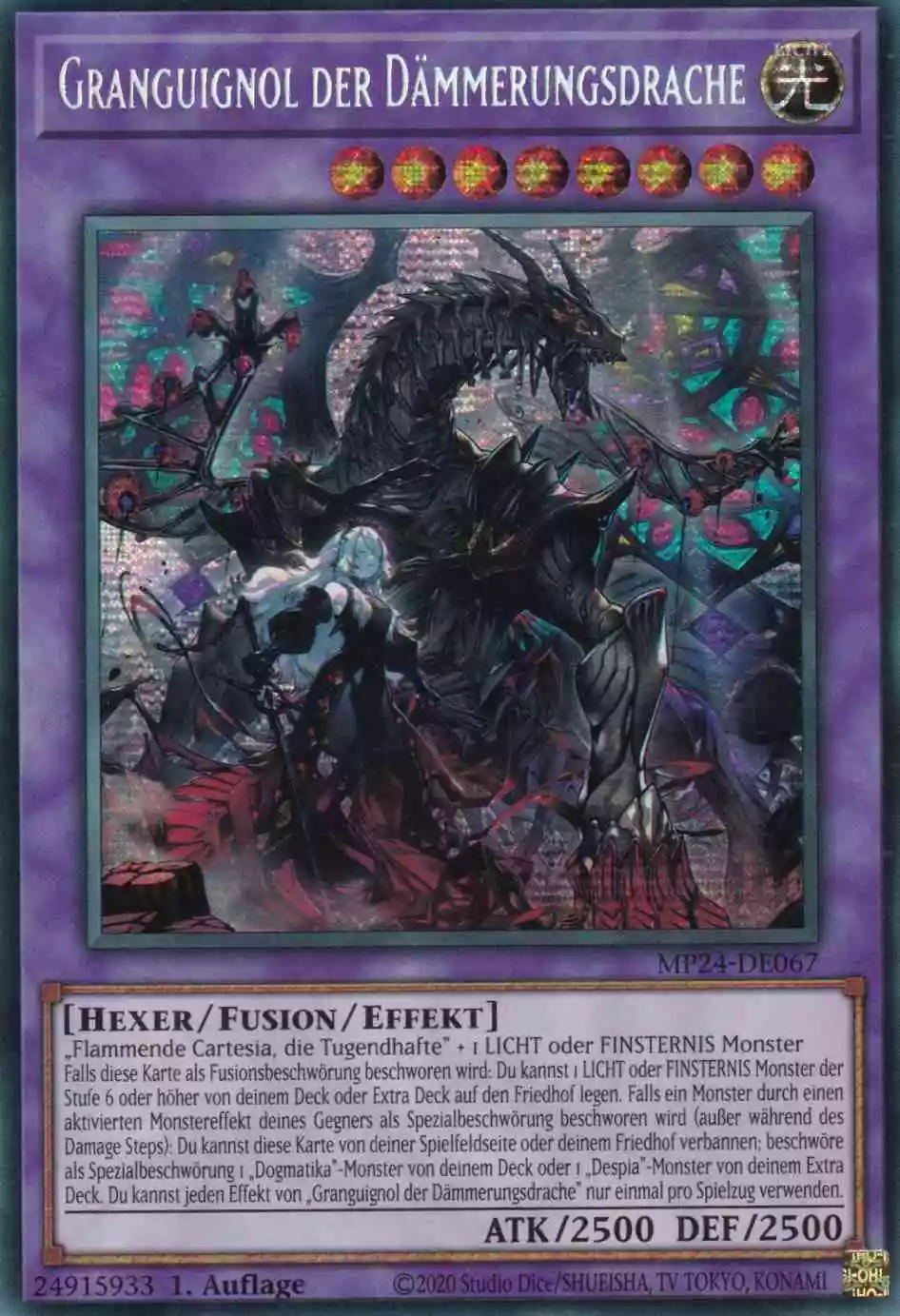 Granguignol der Dämmerungsdrache MP24-DE067 ist in Prismatic Secret Rare Yu-Gi-Oh Karte aus 25th Anniversary Tin Dueling Mirrors 1.Auflage