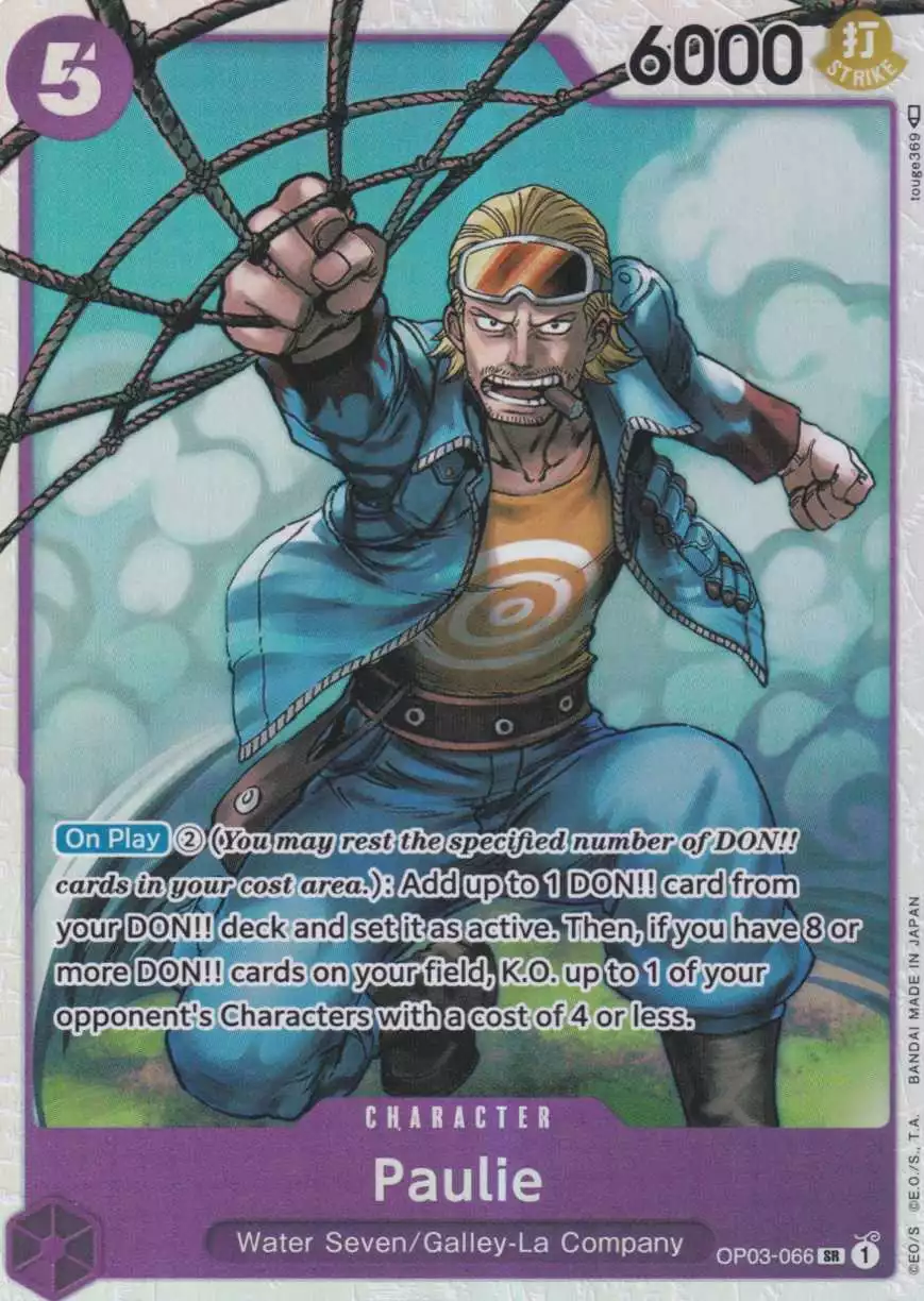 op03-066-paulie-super-rare-pillars-of-strength-op-03 Paulie OP03-066 ist in Super Rare. Die One Piece Karte ist aus Pillars of Strength OP-03 in Normal Art.