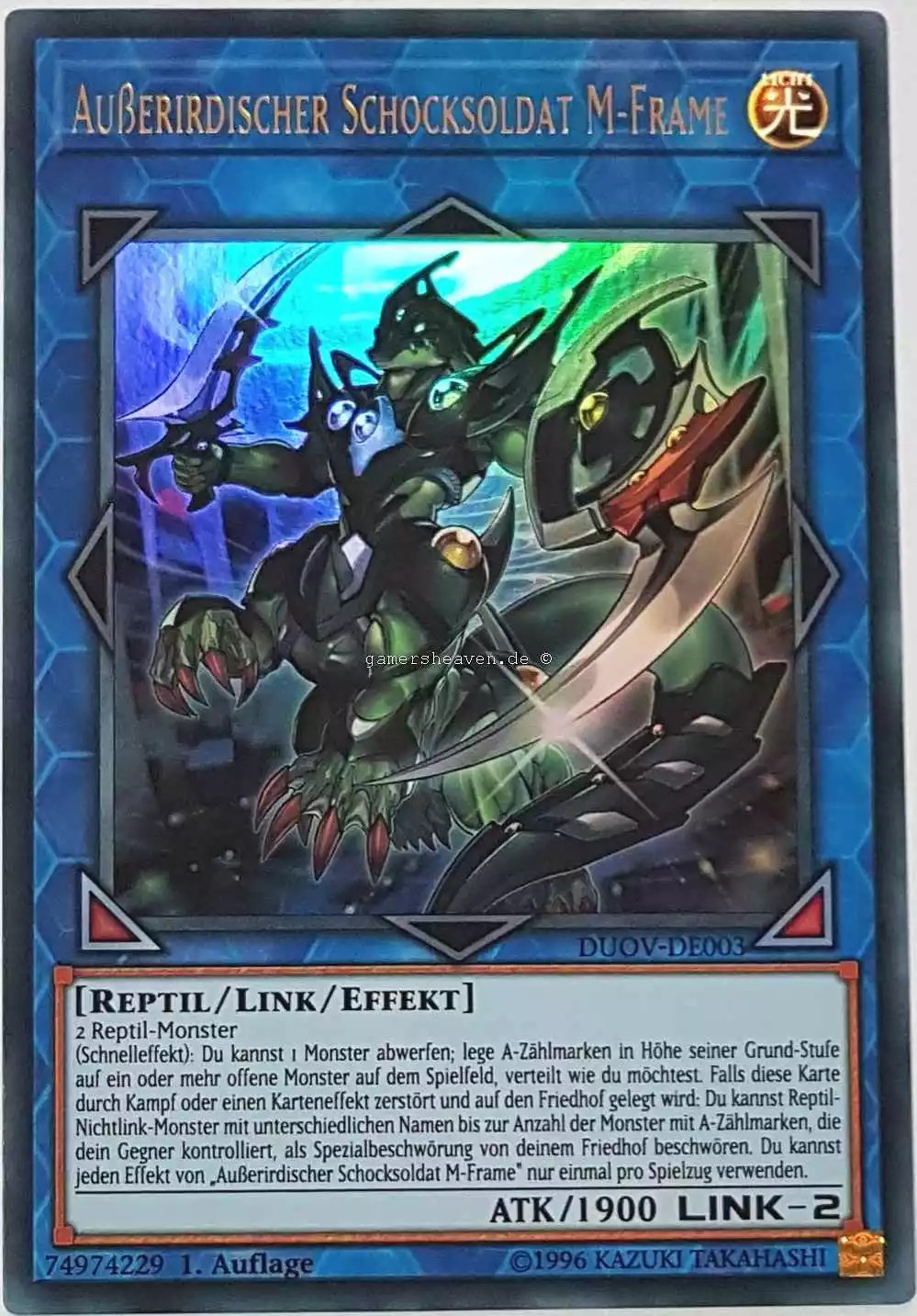 Außerirdischer Schocksoldat M-Frame DUOV-DE003 ist in Ultra Rare Yu-Gi-Oh Karte aus Duel Overload 1.Auflage