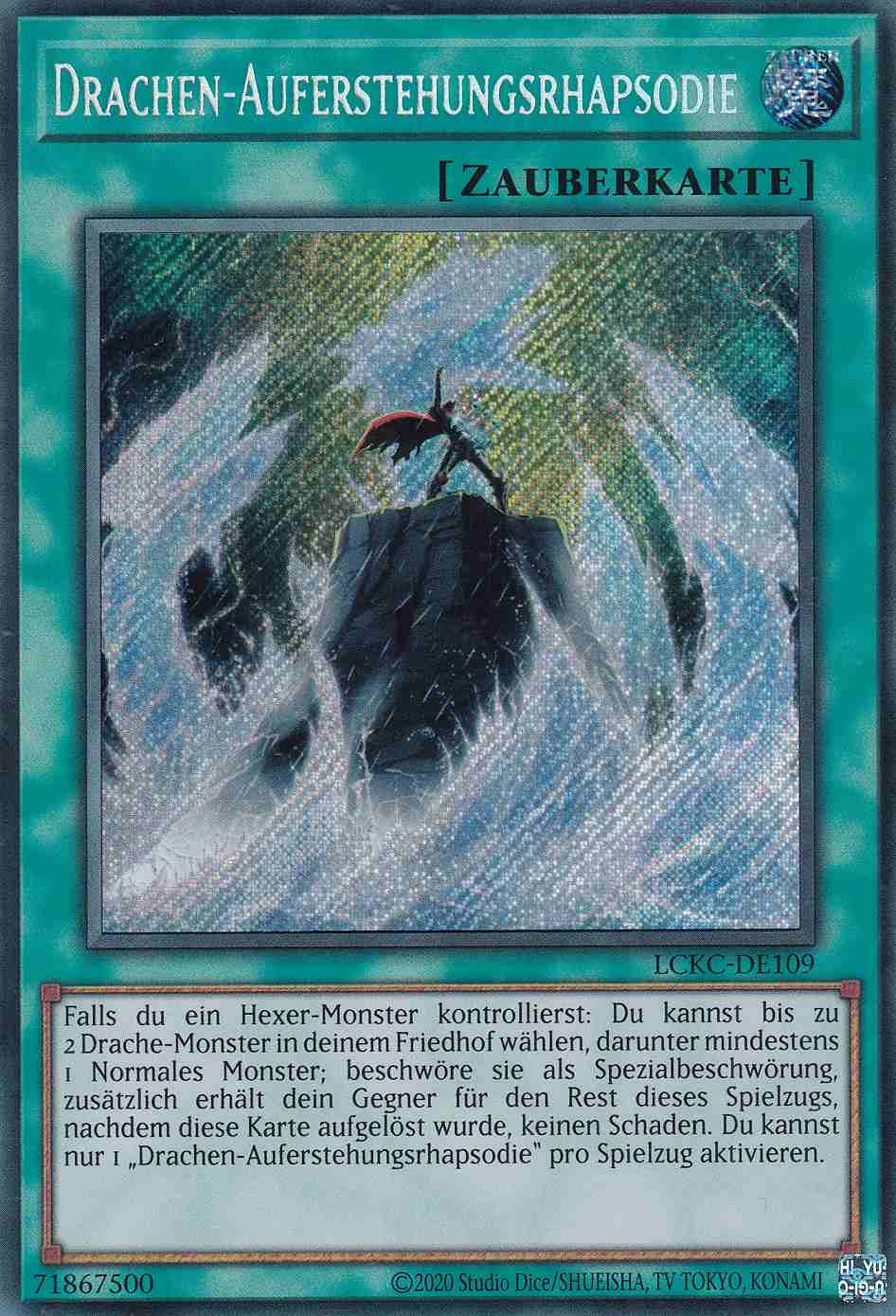 Drachen-Auferstehungsrhapsodie Secret Rare LCKC-DE109 Yugioh Karte Drachen-Auferstehungsrhapsodie LCKC-DE109 ist in Secret Rare Yu-Gi-Oh Karte aus Legendary Collection Kaiba unlimitiert