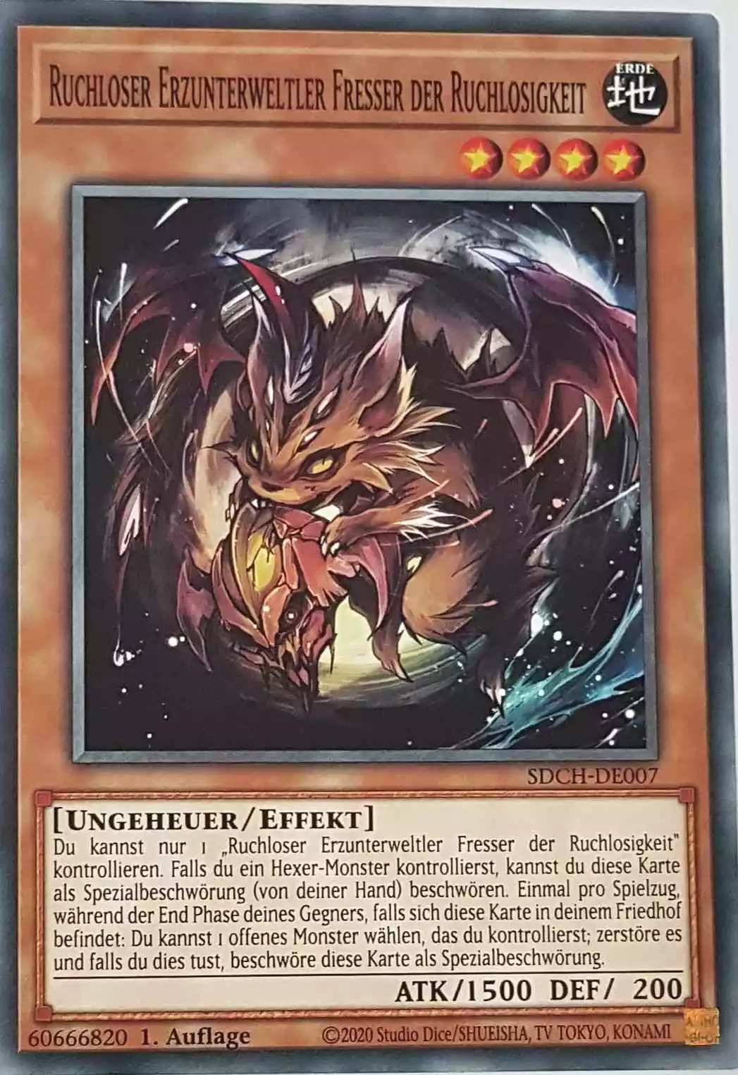 Ruchloser Erzunterweltler Fresser der Ruchlosigkeit SDCH-DE007 ist in Common Yu-Gi-Oh Karte aus Spirit Charmers 1. Auflage