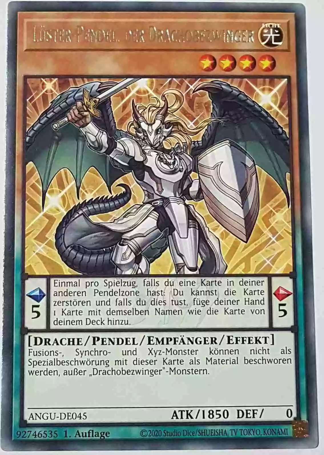 Lüster-Pendel, der Drachobezwinger ANGU-DE045 ist in Rare Yu-Gi-Oh Karte aus Ancient Guardians 1.Auflage