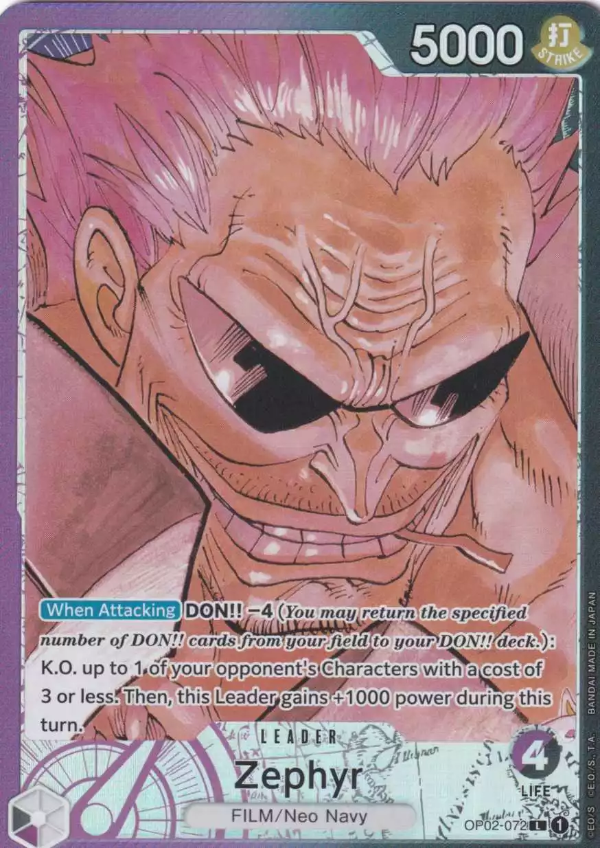 op02-072-a-zephyr-parallel-leader-paramount-war-op-02 Zephyr (Parallel) OP02-072 ist in Leader. Die One Piece Karte ist aus Paramount War OP-02 in Parallel Alternative Art.