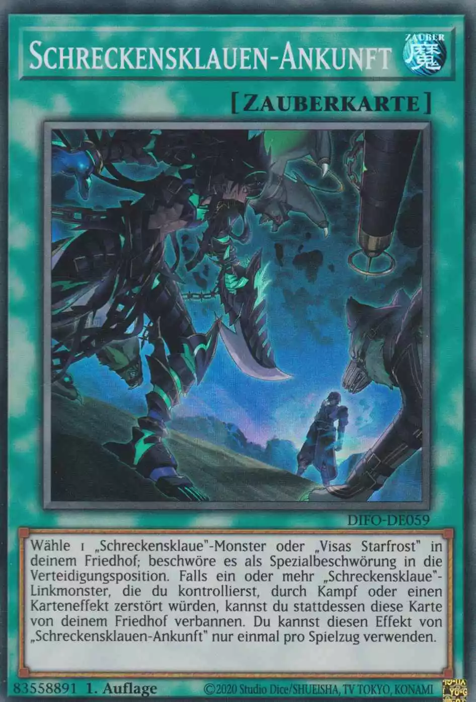 Schreckensklauen-Ankunft DIFO-DE059 ist in Super Rare Yu-Gi-Oh Karte aus Dimension Force 1.Auflage
