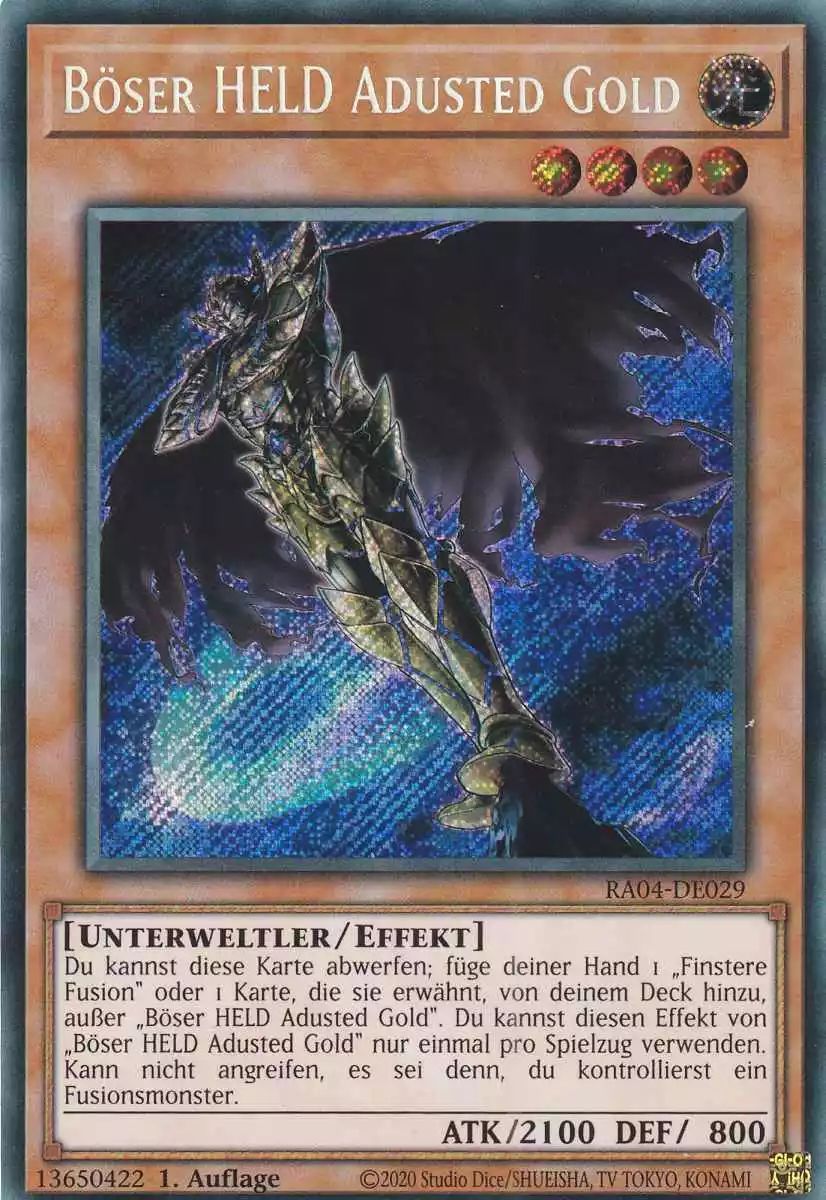 Böser HELD Adusted Gold RA04-DE029 ist in Secret Rare Yu-Gi-Oh Karte aus Quarter Century Stampede 1.Auflage