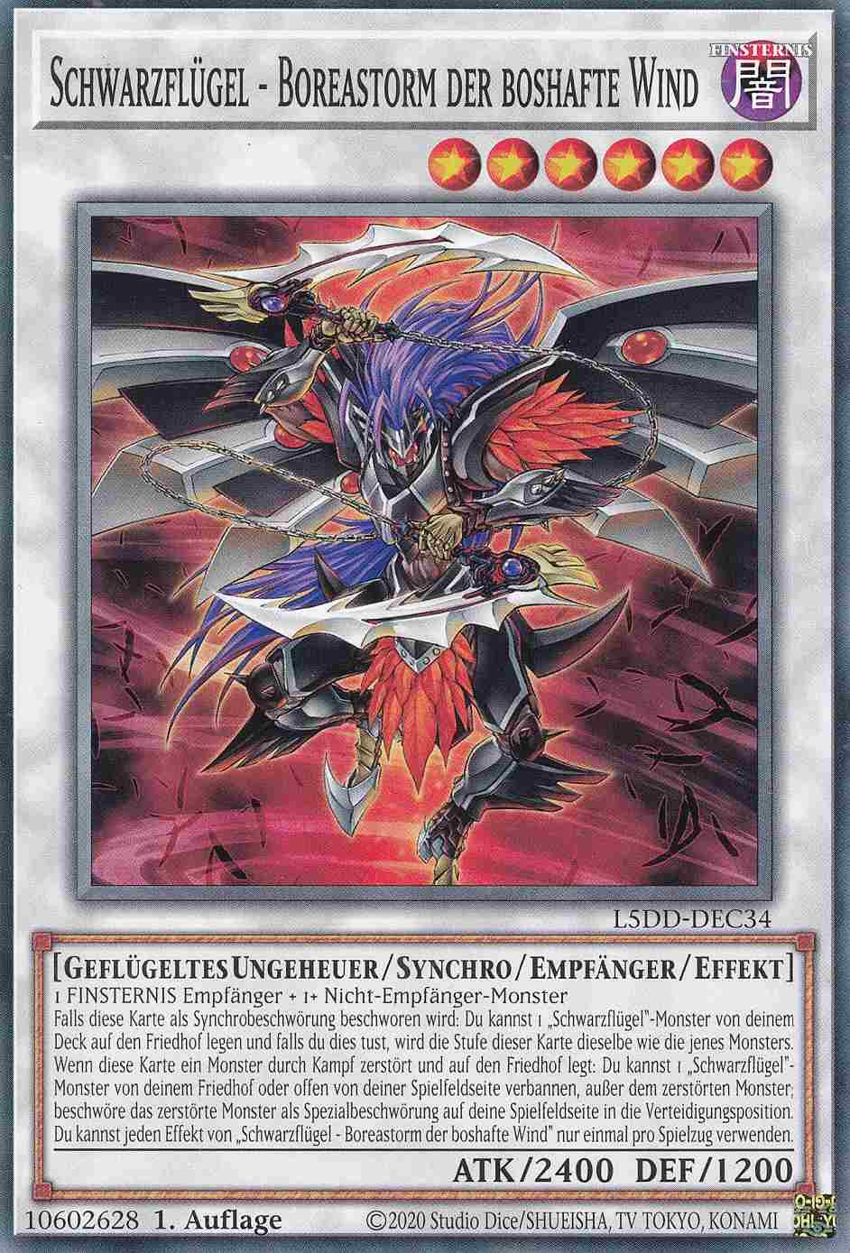 Schwarzflügel - Boreastorm der boshafte Wind Common L5DD-DEC34 Yugioh Karte Schwarzflügel - Boreastorm der boshafte Wind L5DD-DEC34 ist in Common Yu-Gi-Oh Karte aus Legendary 5D’s Decks 1.Auflage