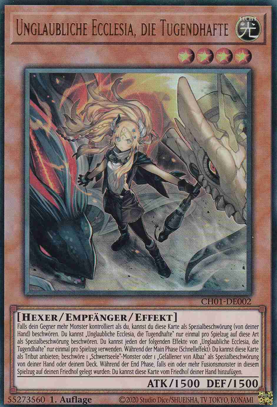 Unglaubliche Ecclesia, die Tugendhafte Ultra Rare CH01-DE002 Yugioh Karte Unglaubliche Ecclesia, die Tugendhafte CH01-DE002 ist in Ultra Rare Yu-Gi-Oh Karte aus THE CHRONICLES DECK: The Fallen & The Virtuous 1.Auflage