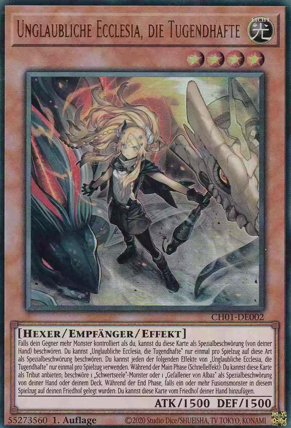 Unglaubliche Ecclesia, die Tugendhafte CH01-DE002 ist in Ultra Rare Yu-Gi-Oh Karte aus THE CHRONICLES DECK: The Fallen & The Virtuous 1.Auflage
