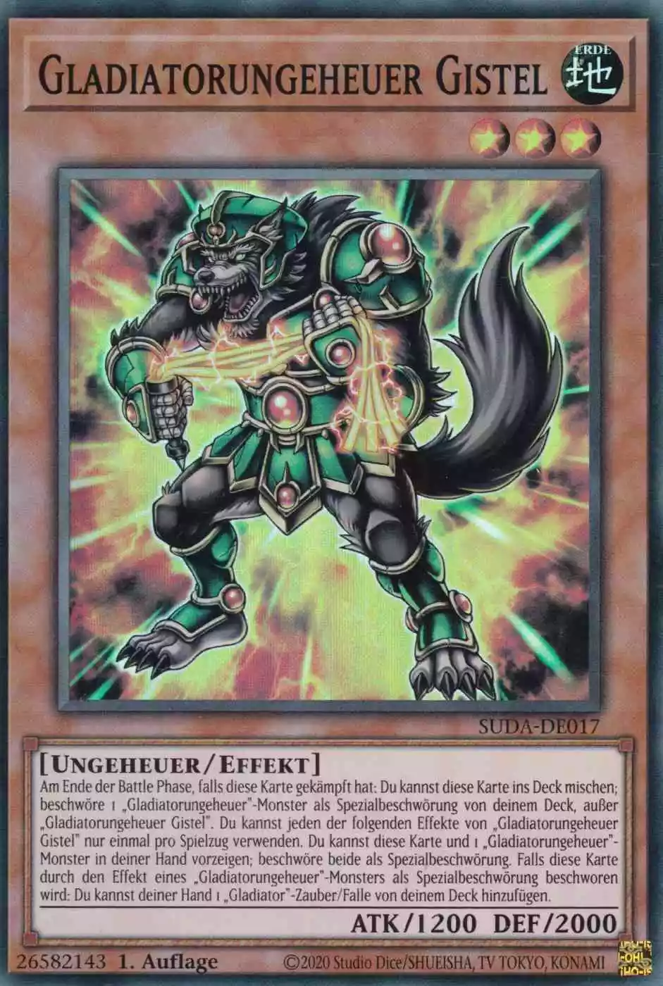 Gladiatorungeheuer Gistel SUDA-DE017 ist in Super Rare Yu-Gi-Oh Karte aus Supreme Darkness 1.Auflage