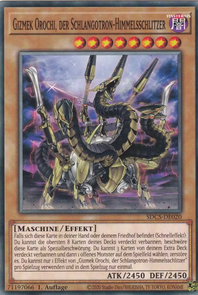 Gizmek Orochi, der Schlangotron-Himmelsschlitzer SDCS-DE020 ist in Common Yu-Gi-Oh Karte aus Cyber Strike 1.Auflage