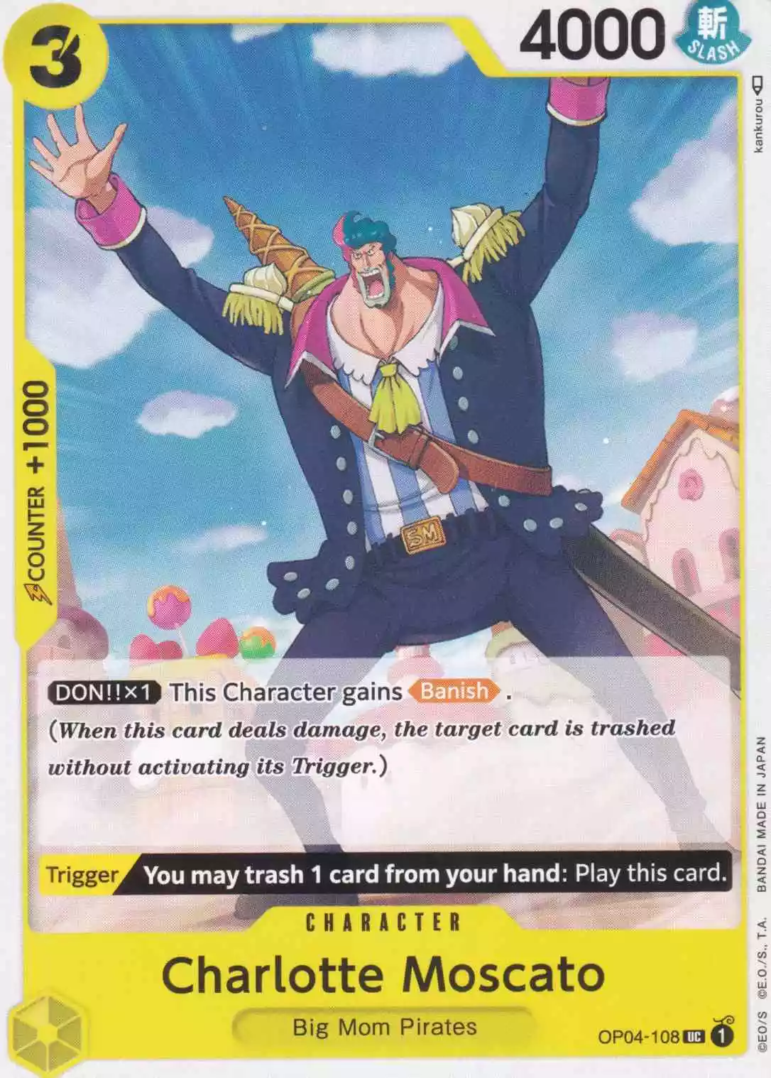 Charlotte Moscato OP04-108 ist in Uncommon. Die One Piece Karte ist aus Kingdoms Of Intrigue in Normal Art.