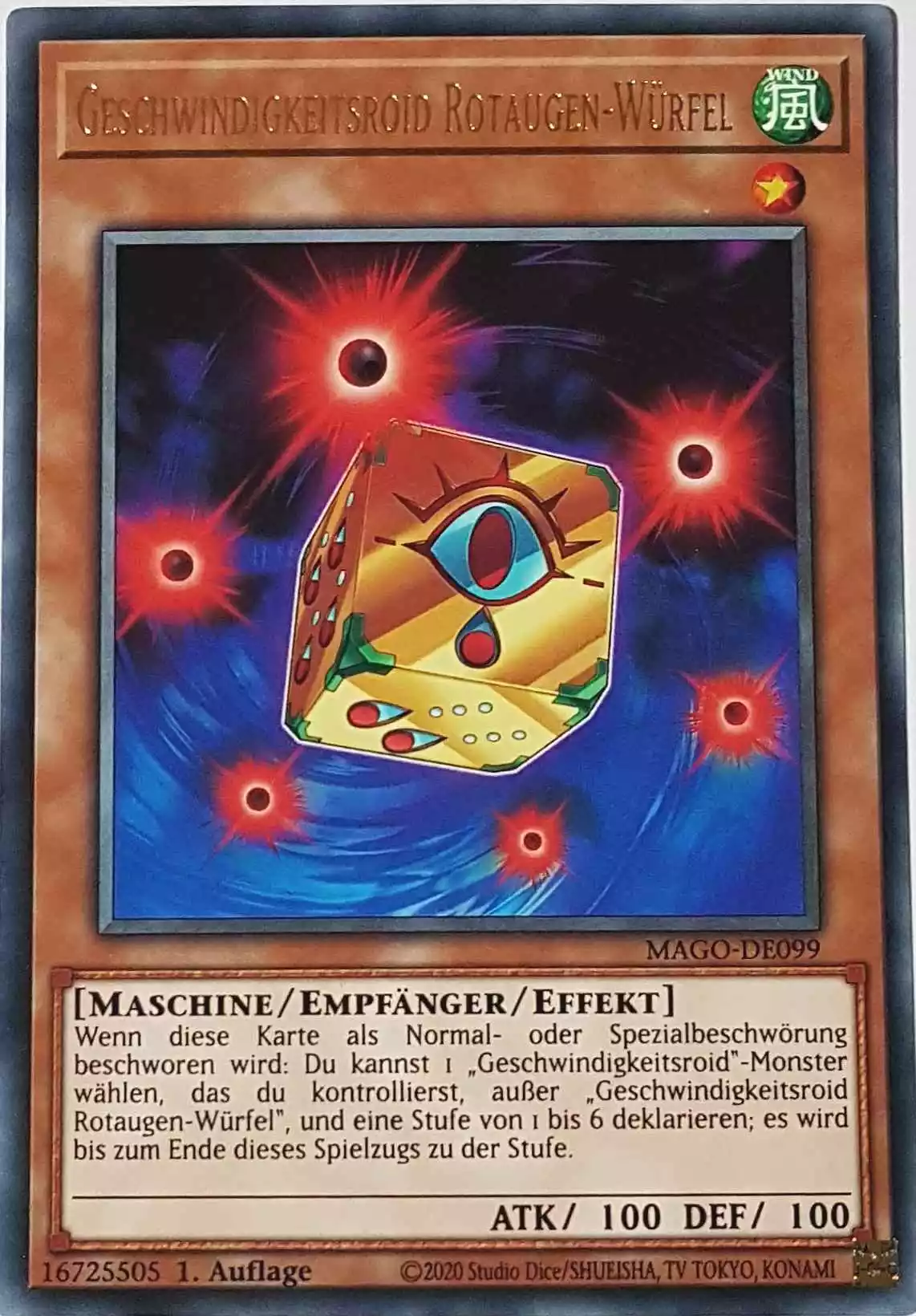 Geschwindigkeitsroid Rotaugen-Würfel MAGO-DE099 ist in Gold Rare Yu-Gi-Oh Karte aus Maximum Gold 1. Auflage