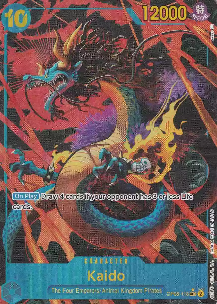 op05-118-a-kaido-secret-rare-awakening-of-the-new-era Kaido OP05-118 ist in Secret Rare. Die One Piece Karte ist aus Awakening of the New Era in Parallel Alternative Art.