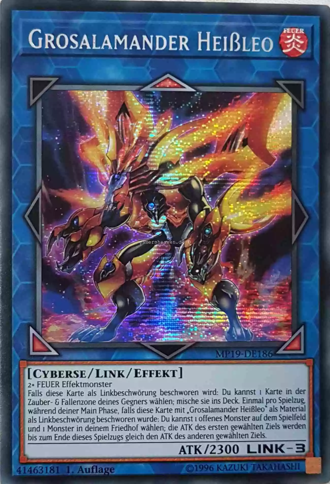 Grosalamander Heißleo MP19-DE186 ist in Prismatic Secret Rare aus Gold Sarcophagus Tin 2019 1.Auflage