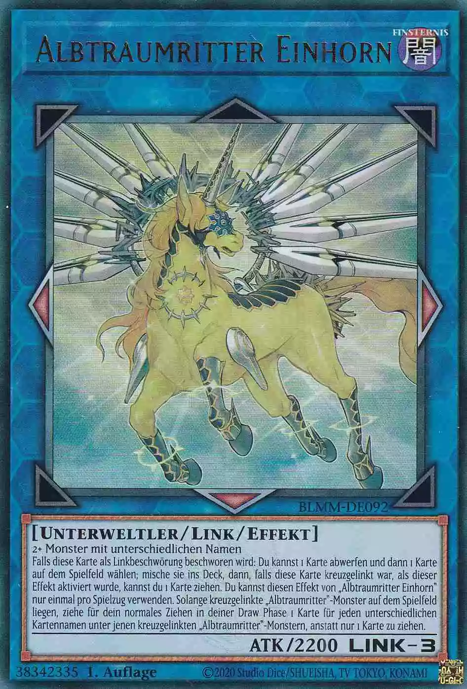 Albtraumritter Einhorn Ultra Rare BLMM-DE092 Yugioh Karte Albtraumritter Einhorn BLMM-DE092 ist in Ultra Rare Yu-Gi-Oh Karte aus Battles of Legend Monster Mayhem 1.Auflage