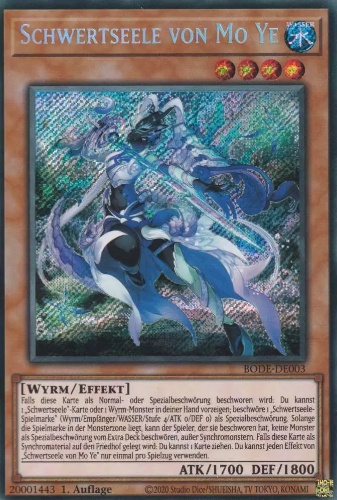 Schwertseele von Mo Ye BODE-DE003 ist in Secret Rare Yu-Gi-Oh Karte aus Burst of Destiny 1.Auflage