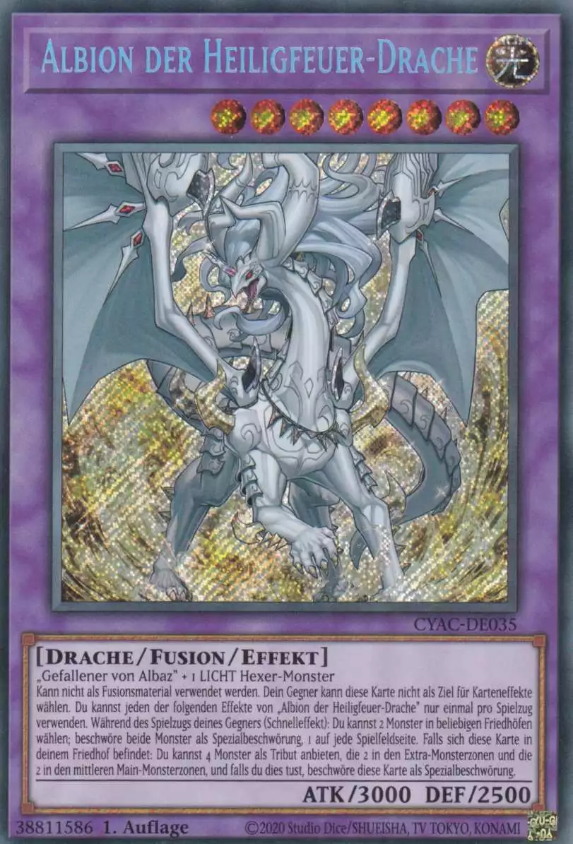 Albion der Heiligfeuer-Drache CYAC-DE035 ist in Secret Rare Yu-Gi-Oh Karte aus Cyberstorm Access 1.Auflage