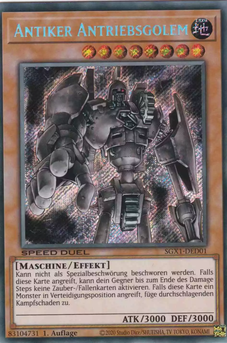 Antiker Antriebsgolem SGX1-DED01-P ist in Secret Rare Yu-Gi-Oh Karte aus Speed Duel GX Duel Academy Box 1.Auflage