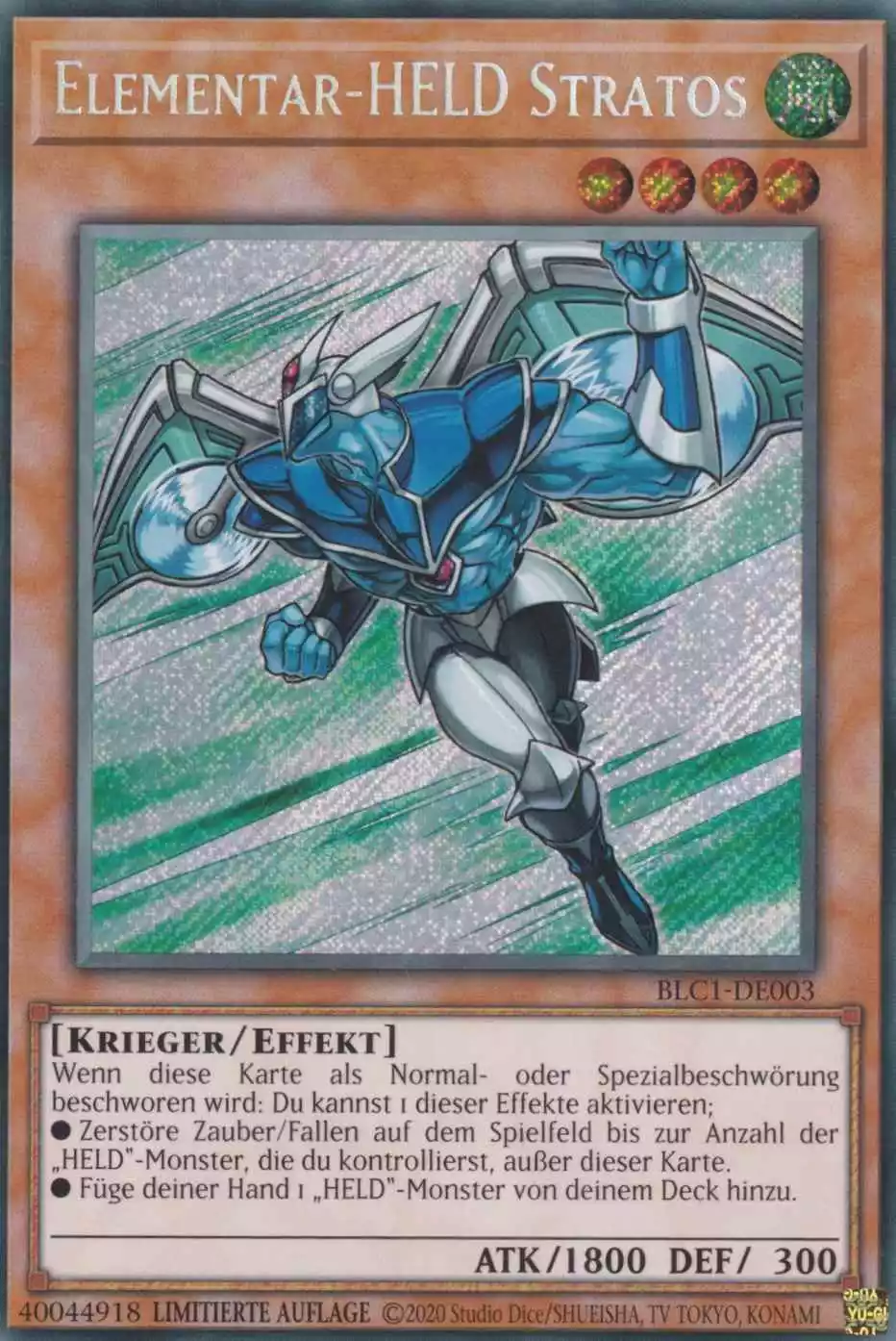 Elementar-HELD Stratos BLC1-DE003 ist in Secret Rare Yu-Gi-Oh Karte aus Battles of Legend Chapter 1 1.Auflage