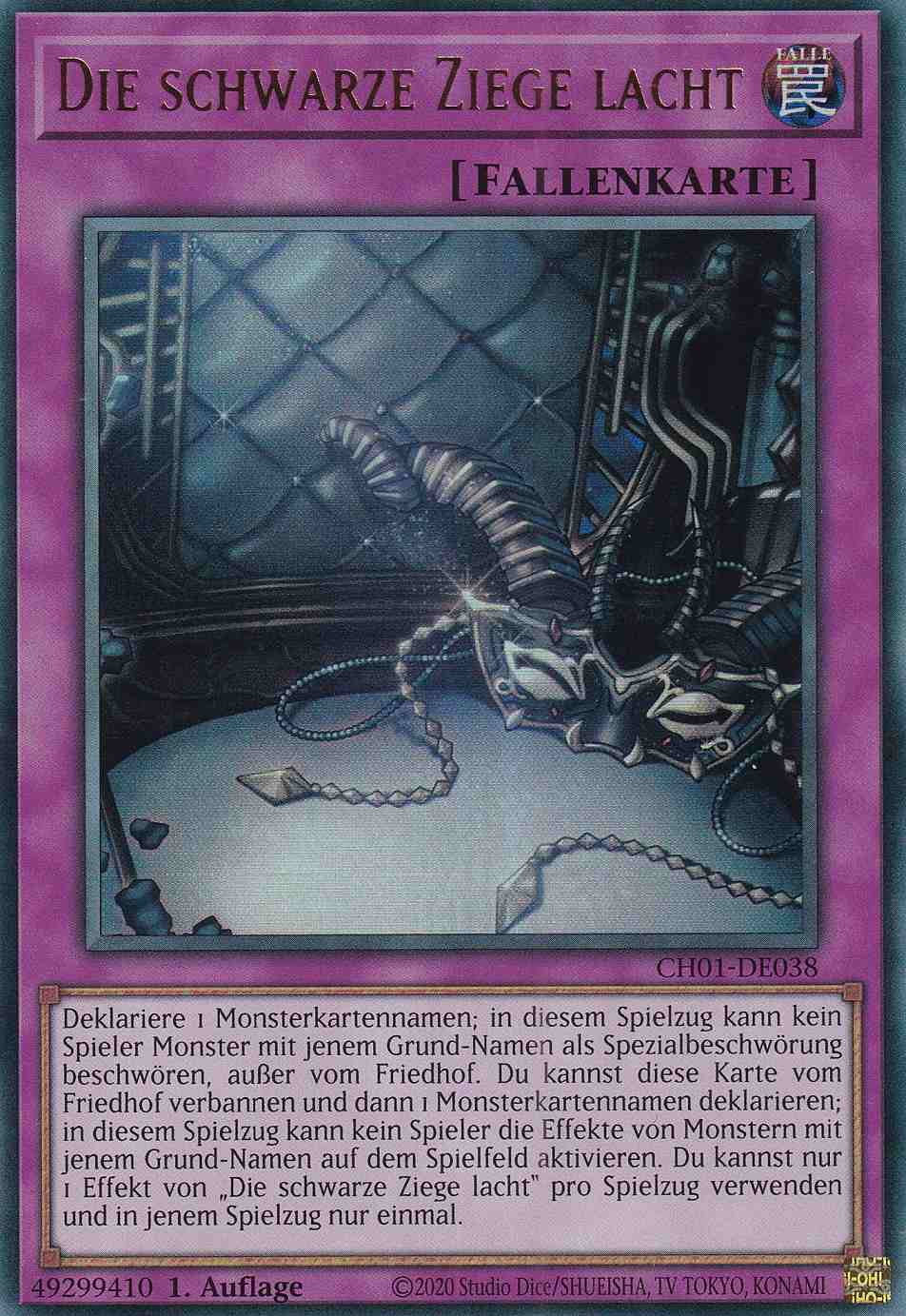 Die schwarze Ziege lacht Ultra Rare CH01-DE038 Yugioh Karte Die schwarze Ziege lacht CH01-DE038 ist in Ultra Rare Yu-Gi-Oh Karte aus THE CHRONICLES DECK: The Fallen & The Virtuous 1.Auflage