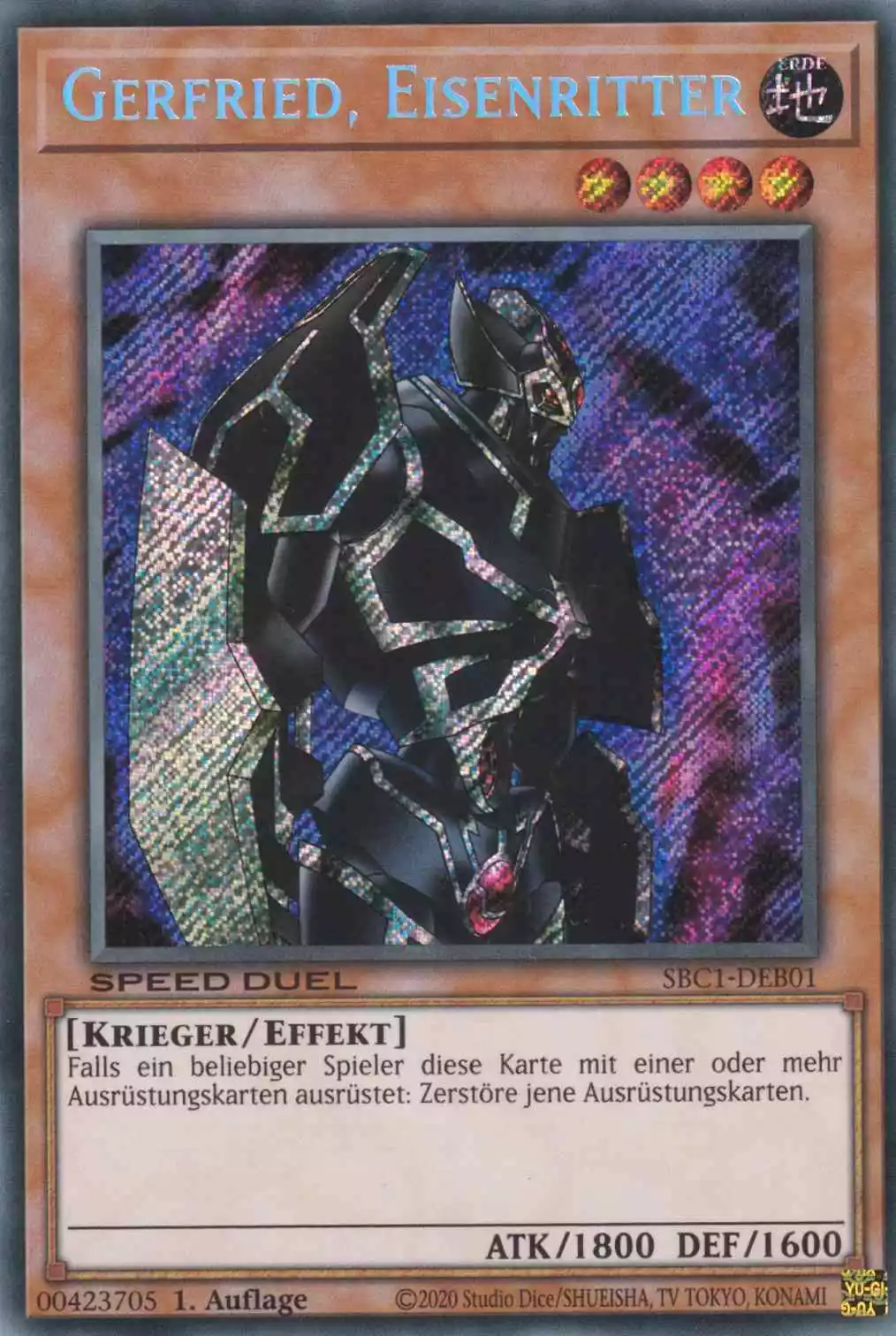 Gerfried, Eisenritter SBC1-DEB01 ist in Secret Rare Yu-Gi-Oh Karte aus Streets of Battle City 1.Auflage