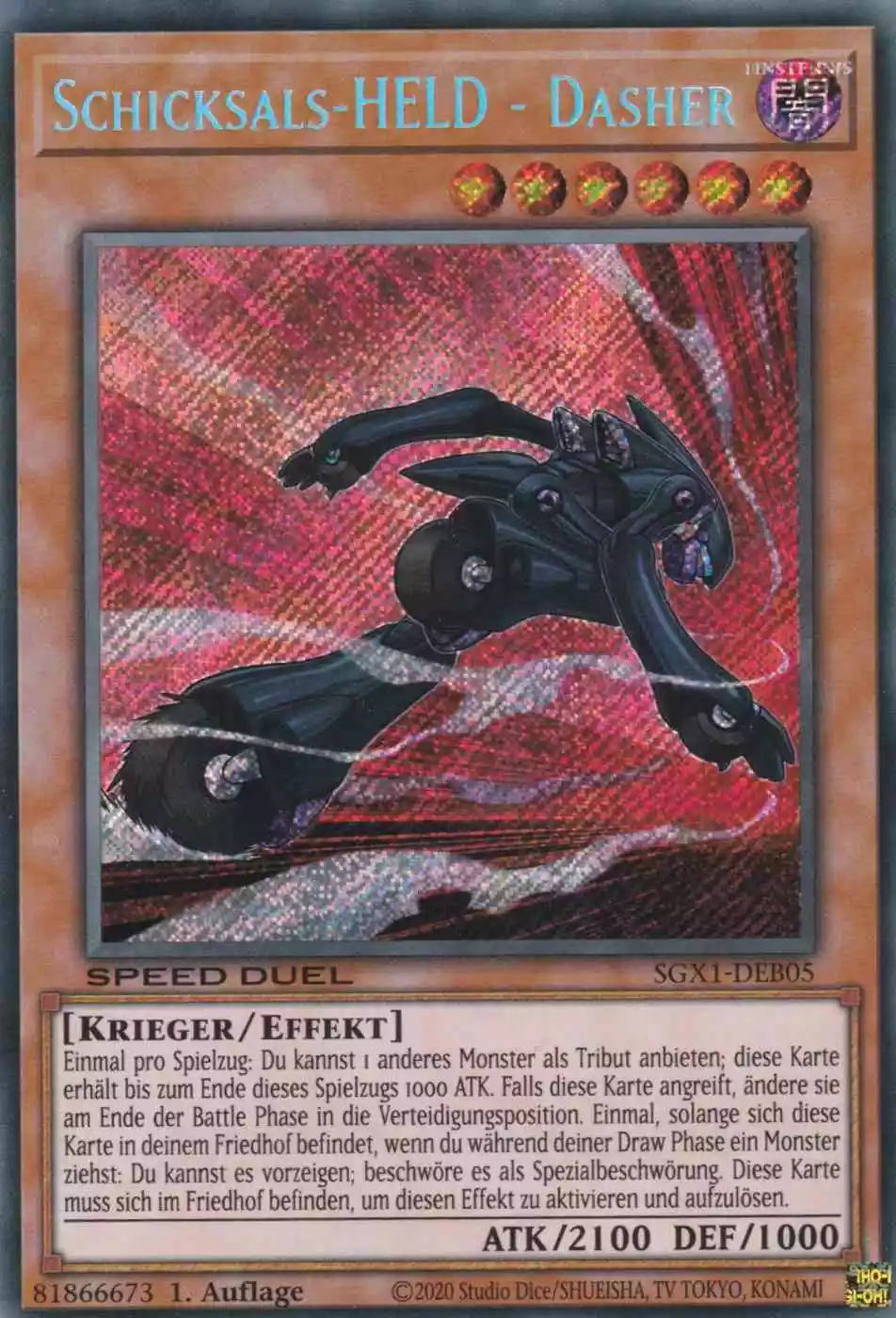 Schicksals-HELD - Dasher SGX1-DEB05-P ist in Secret Rare Yu-Gi-Oh Karte aus Speed Duel GX Duel Academy Box 1.Auflage