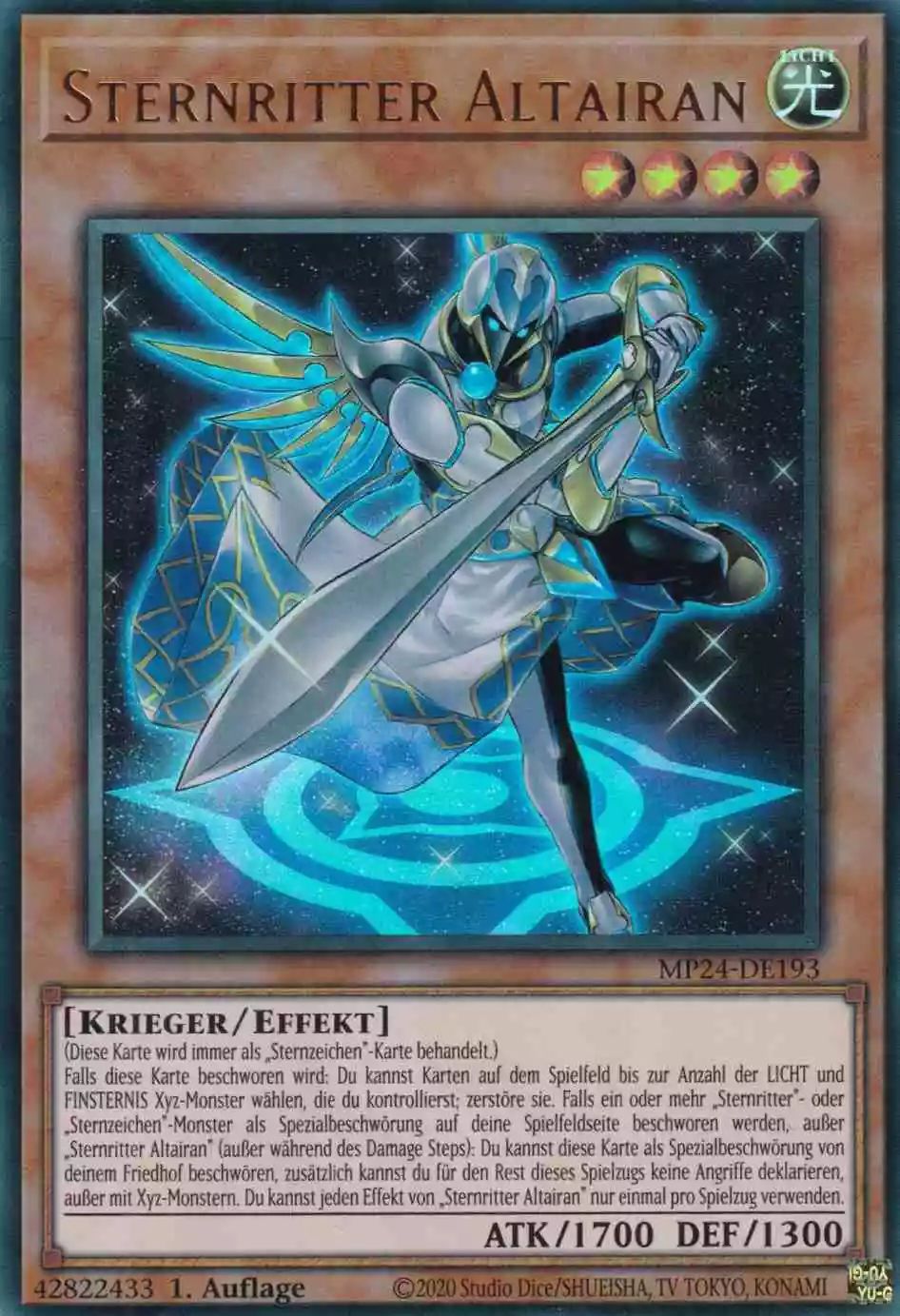 Sternritter Altairan Ultra Rare MP24-DE193 Yugioh Karte Sternritter Altairan MP24-DE193 ist in Ultra Rare Yu-Gi-Oh Karte aus 25th Anniversary Tin Dueling Mirrors 1.Auflage