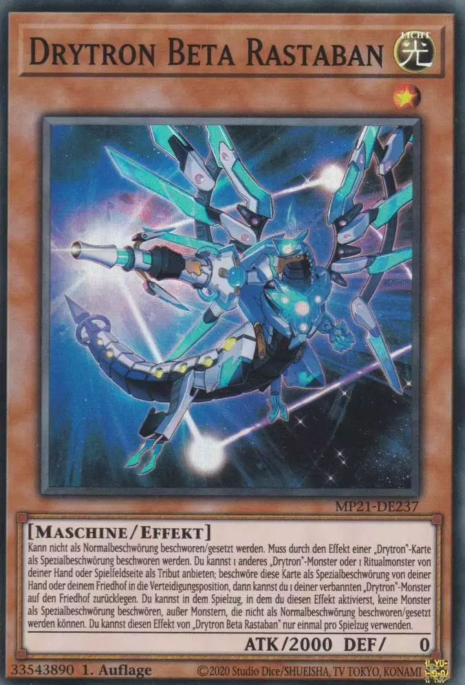 Drytron Beta Rastaban MP21-DE237 ist in Super Rare Yu-Gi-Oh Karte aus Tin of Ancient Battles 1.Auflage