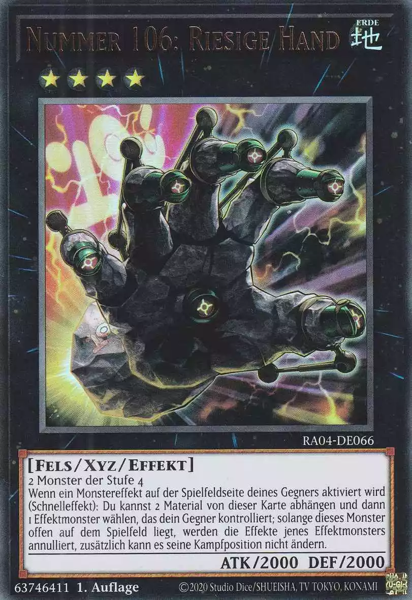 Nummer 106: Riesige Hand Ultra Rare RA04-DE066 Yugioh Karte Nummer 106: Riesige Hand RA04-DE066 ist in Ultra Rare Yu-Gi-Oh Karte aus Quarter Century Stampede 1.Auflage