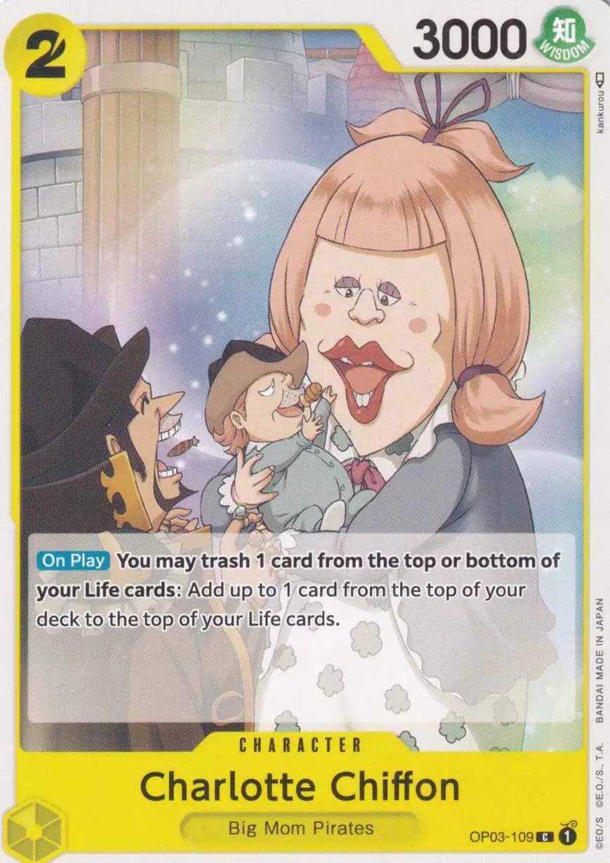 op03-109-charlotte-chiffon-common-pillars-of-strength-op-03 Charlotte Chiffon OP03-109 ist in Common. Die One Piece Karte ist aus Pillars of Strength OP-03 in Normal Art.