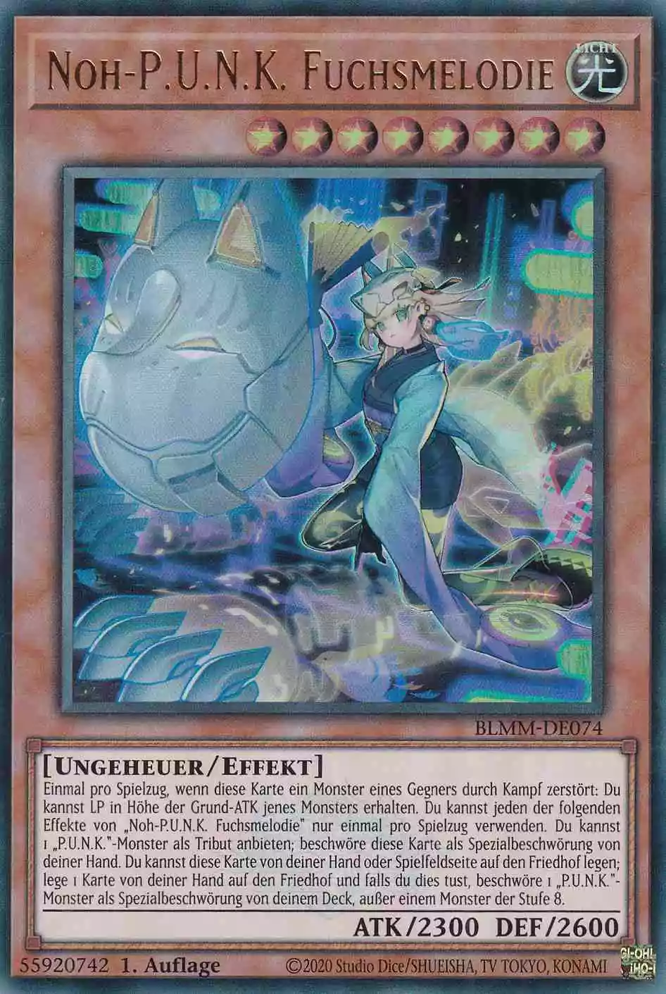 Noh-P.U.N.K. Fuchsmelodie Ultra Rare BLMM-DE074 Yugioh Karte Noh-P.U.N.K. Fuchsmelodie BLMM-DE074 ist in Ultra Rare Yu-Gi-Oh Karte aus Battles of Legend Monster Mayhem 1.Auflage