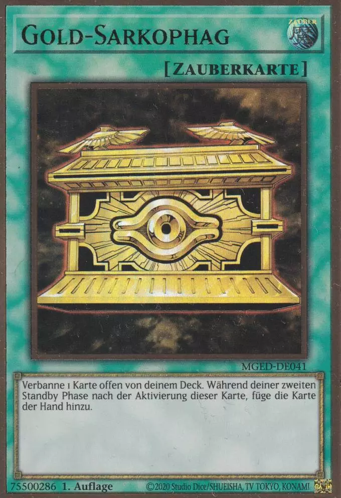 Gold-Sarkophag MGED-DE041 ist in Premium Gold Rare Yu-Gi-Oh Karte aus Maximum Gold El Dorado 1.Auflage