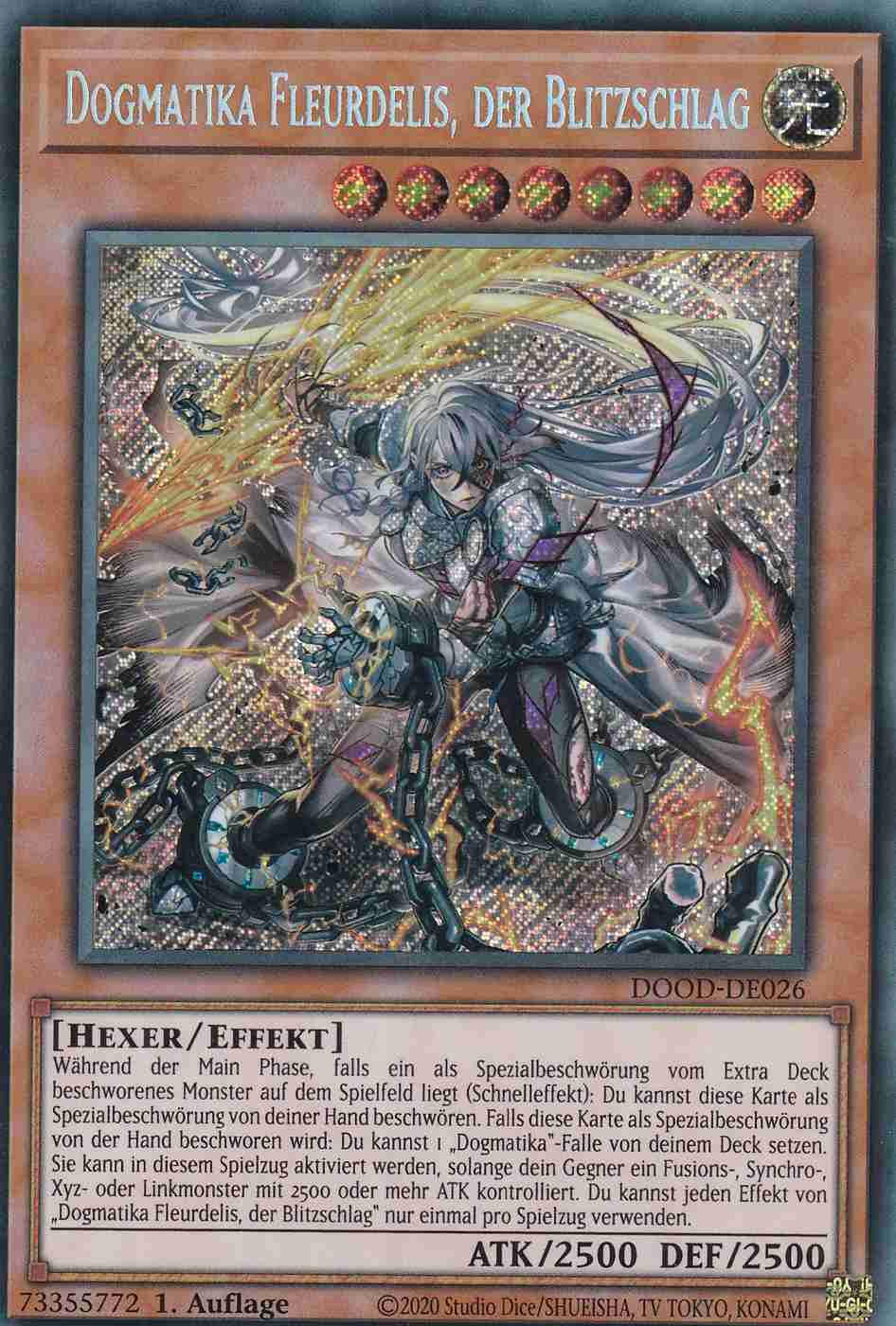 Dogmatika Fleurdelis, der Blitzschlag DOOD-DE026 ist in Secret Rare Yu-Gi-Oh Karte aus Doom of Dimensions 1.Auflage
