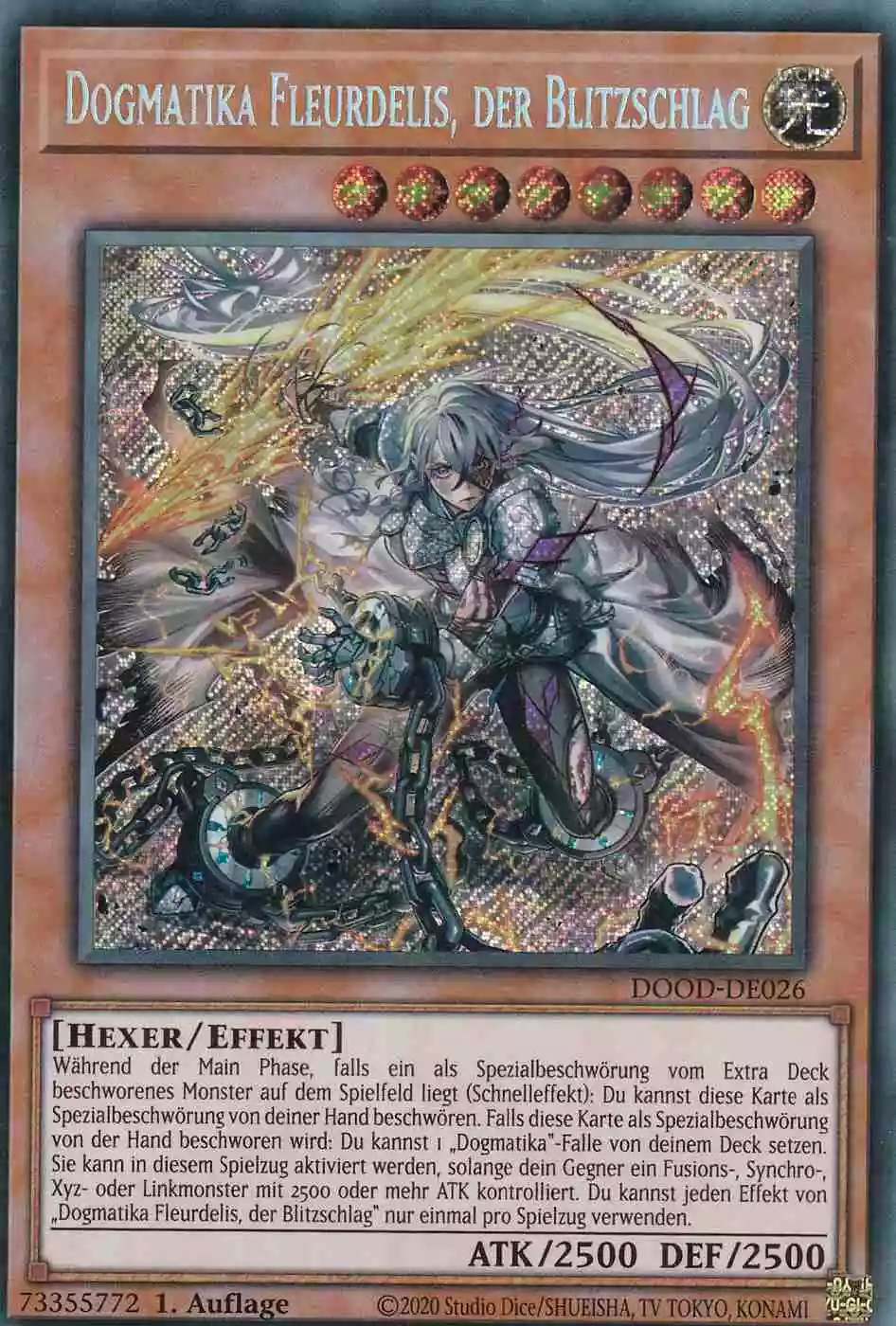 Dogmatika Fleurdelis, der Blitzschlag Secret Rare DOOD-DE026 Yugioh Karte Dogmatika Fleurdelis, der Blitzschlag DOOD-DE026 ist in Secret Rare Yu-Gi-Oh Karte aus Doom of Dimensions 1.Auflage