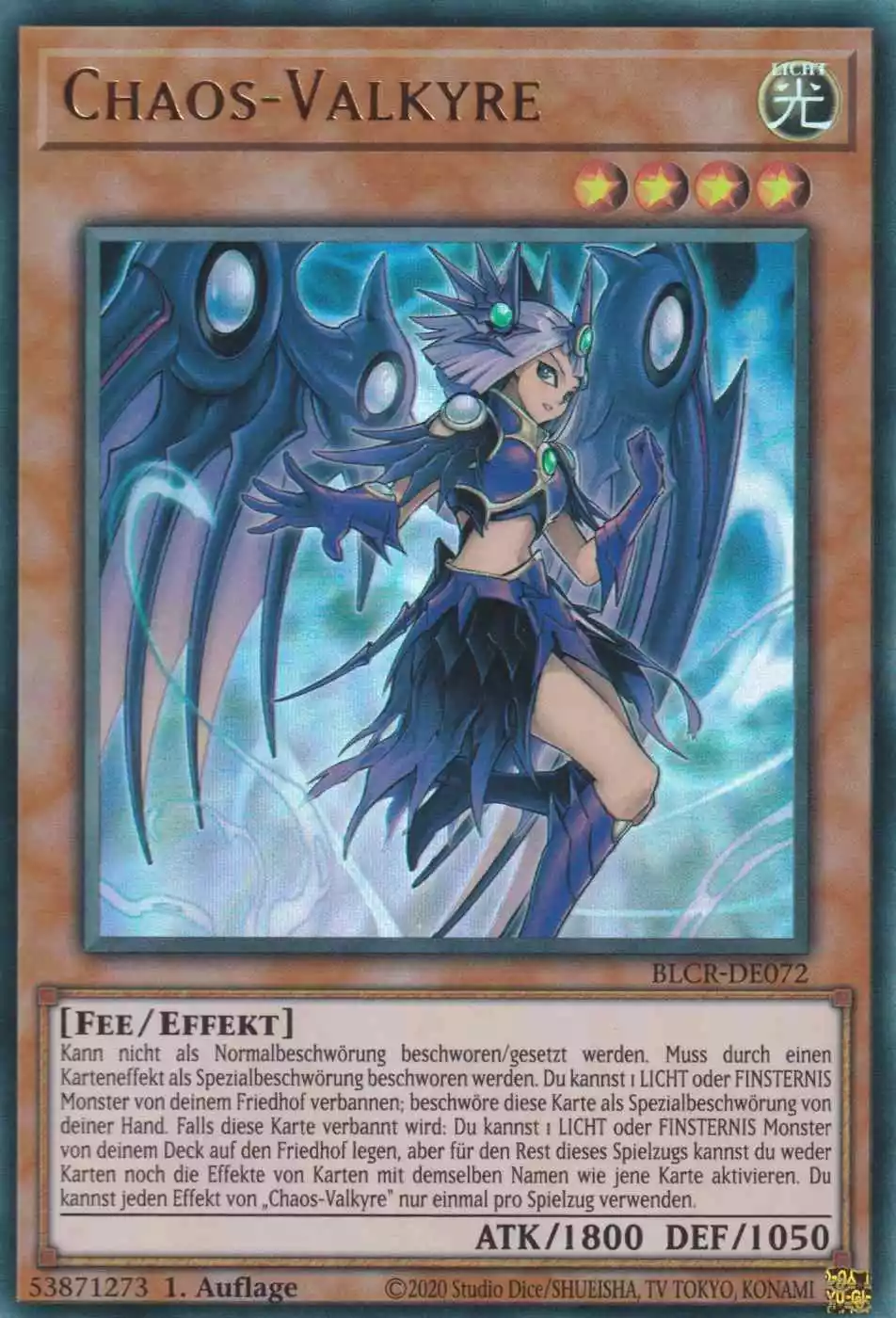 Chaos-Valkyre BLCR-DE072 ist in Ultra Rare Yu-Gi-Oh Karte aus Battles of Legend Crystal Revenge 1.Auflage